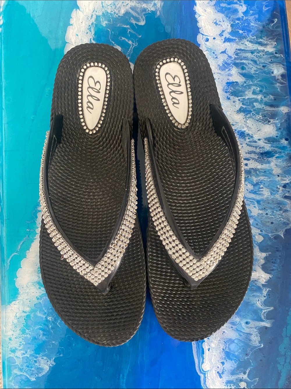 Ella Black Rhinestone V-strap Flip Flop Sandals